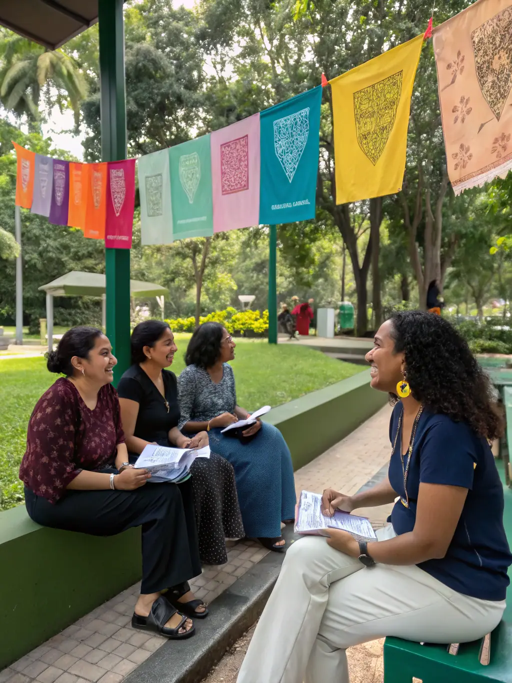 A group of women in a rural village participating in a microfinance workshop, smiling and engaged, symbolizing economic empowerment through financial literacy.