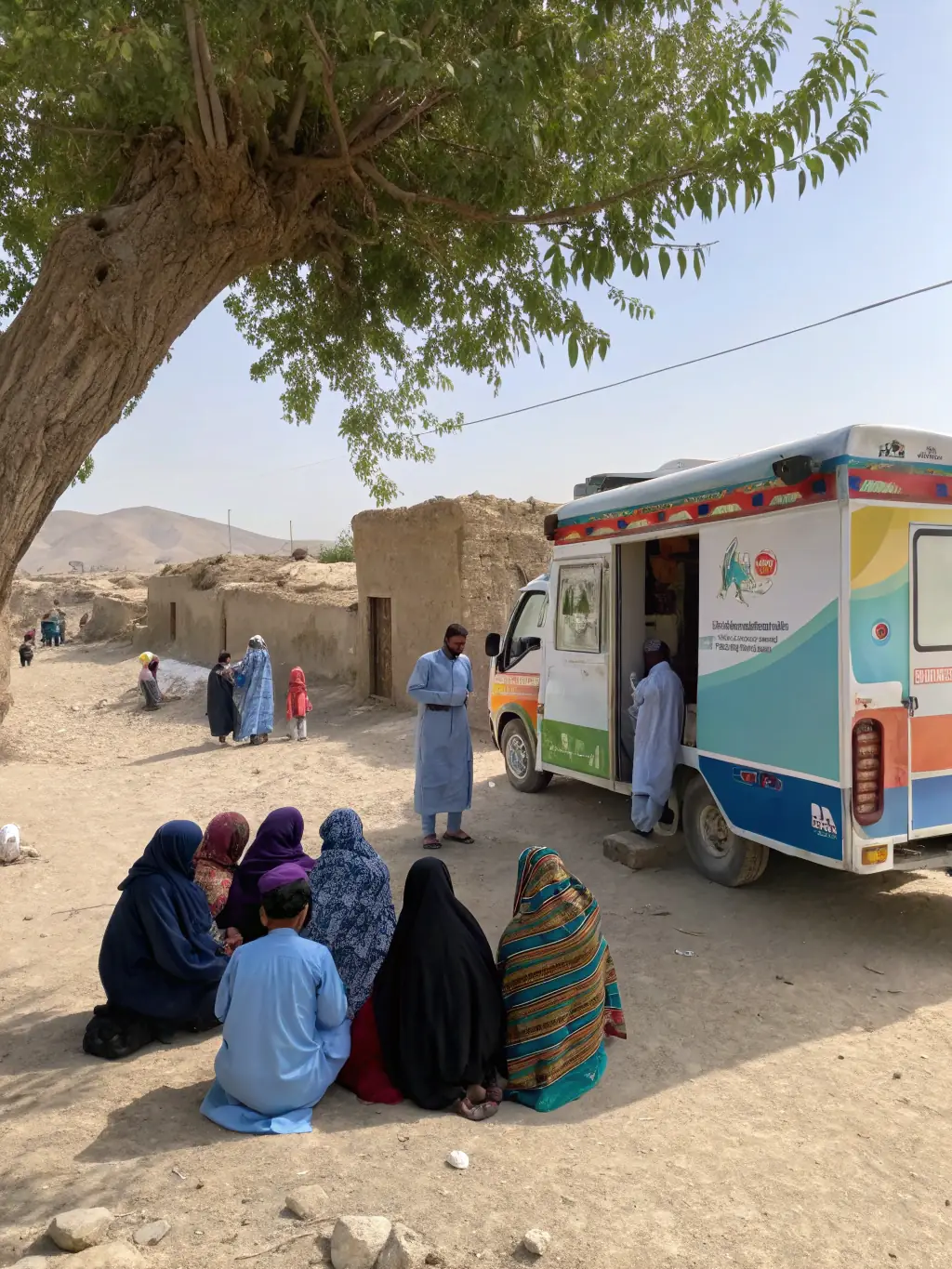 A mobile health clinic van parked in a remote village, offering medical consultations and treatments to residents, showcasing Project Humanity's outreach efforts.