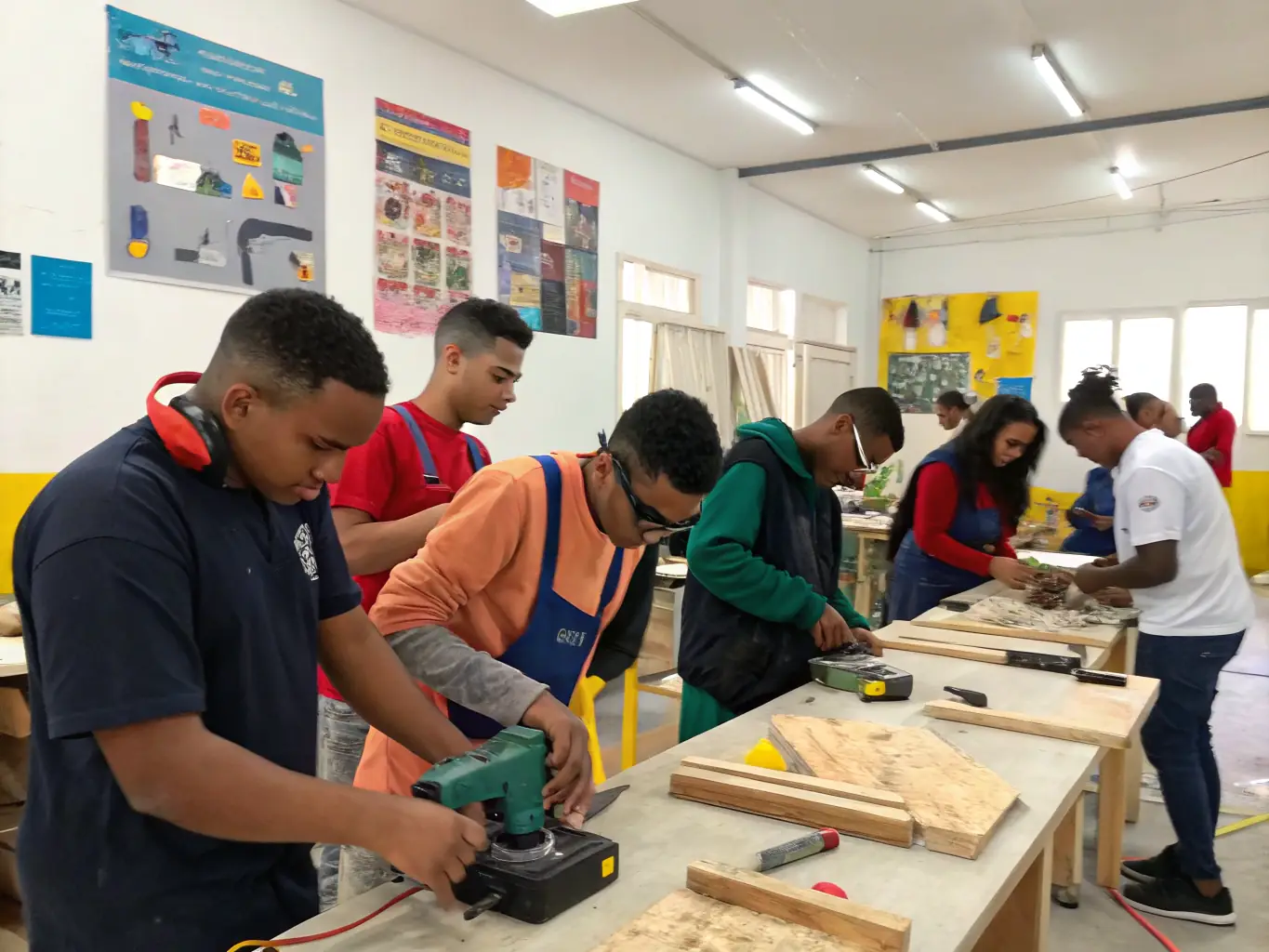 A group of teenagers in a vocational training workshop, learning practical skills, representing Project Humanity's focus on skills development.