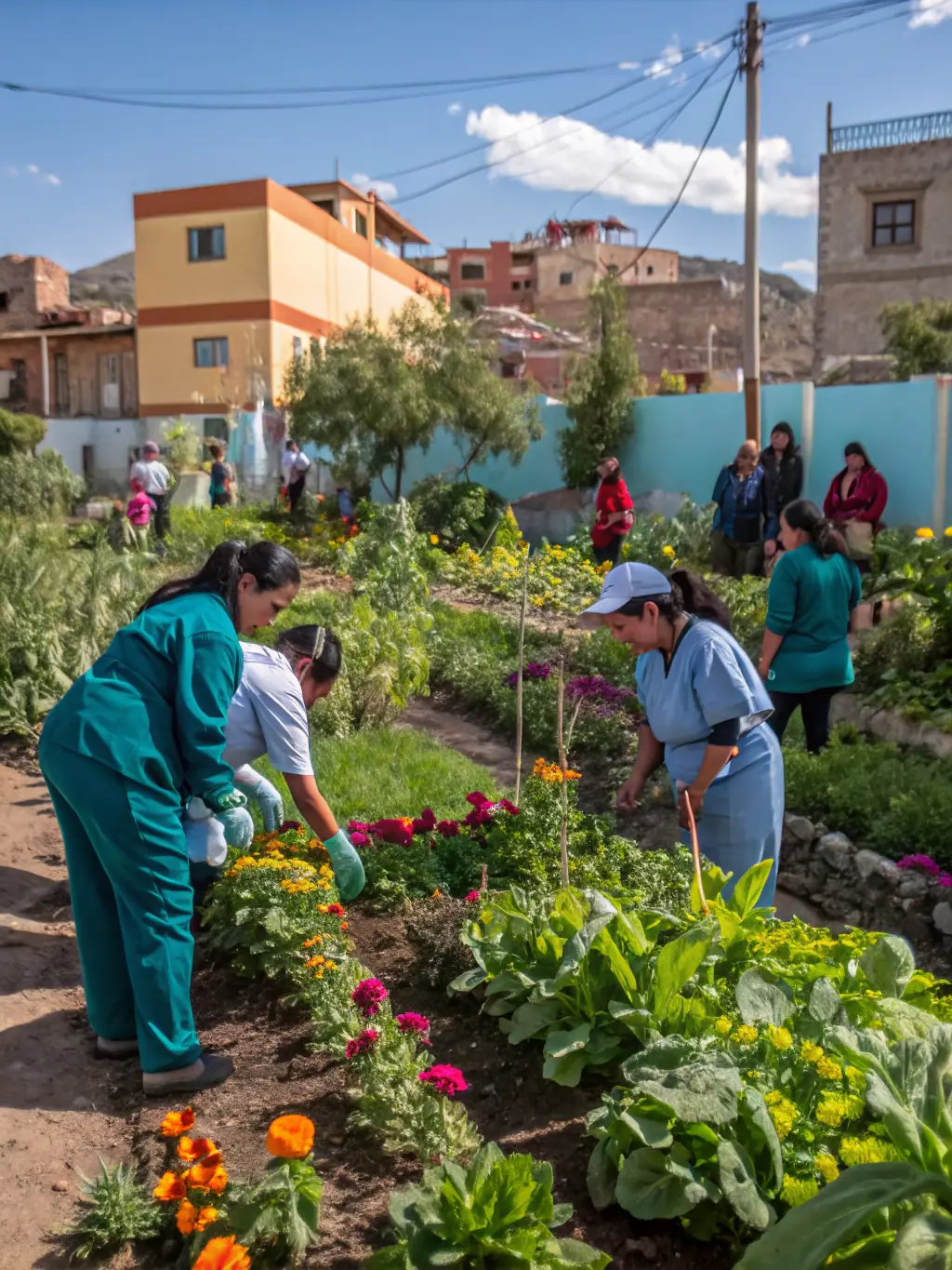 A community garden with various vegetables and herbs, with people tending to it, representing Project Humanity's nutrition programs.