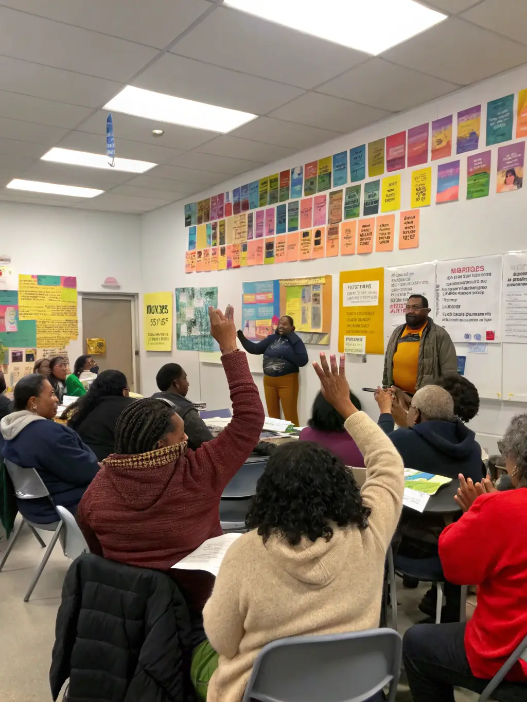 A community meeting where residents are discussing local issues and solutions, facilitated by a Project Humanity representative, showcasing participatory governance.