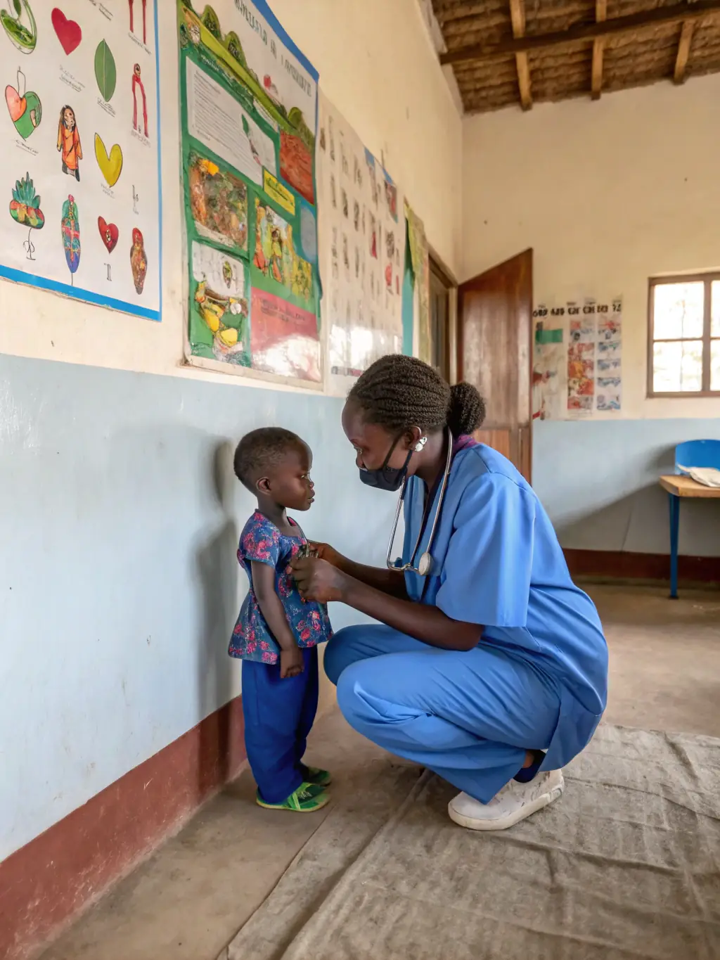 A doctor in a rural clinic examining a young child, with the Project Humanity logo subtly visible in the background, symbolizing accessible healthcare.