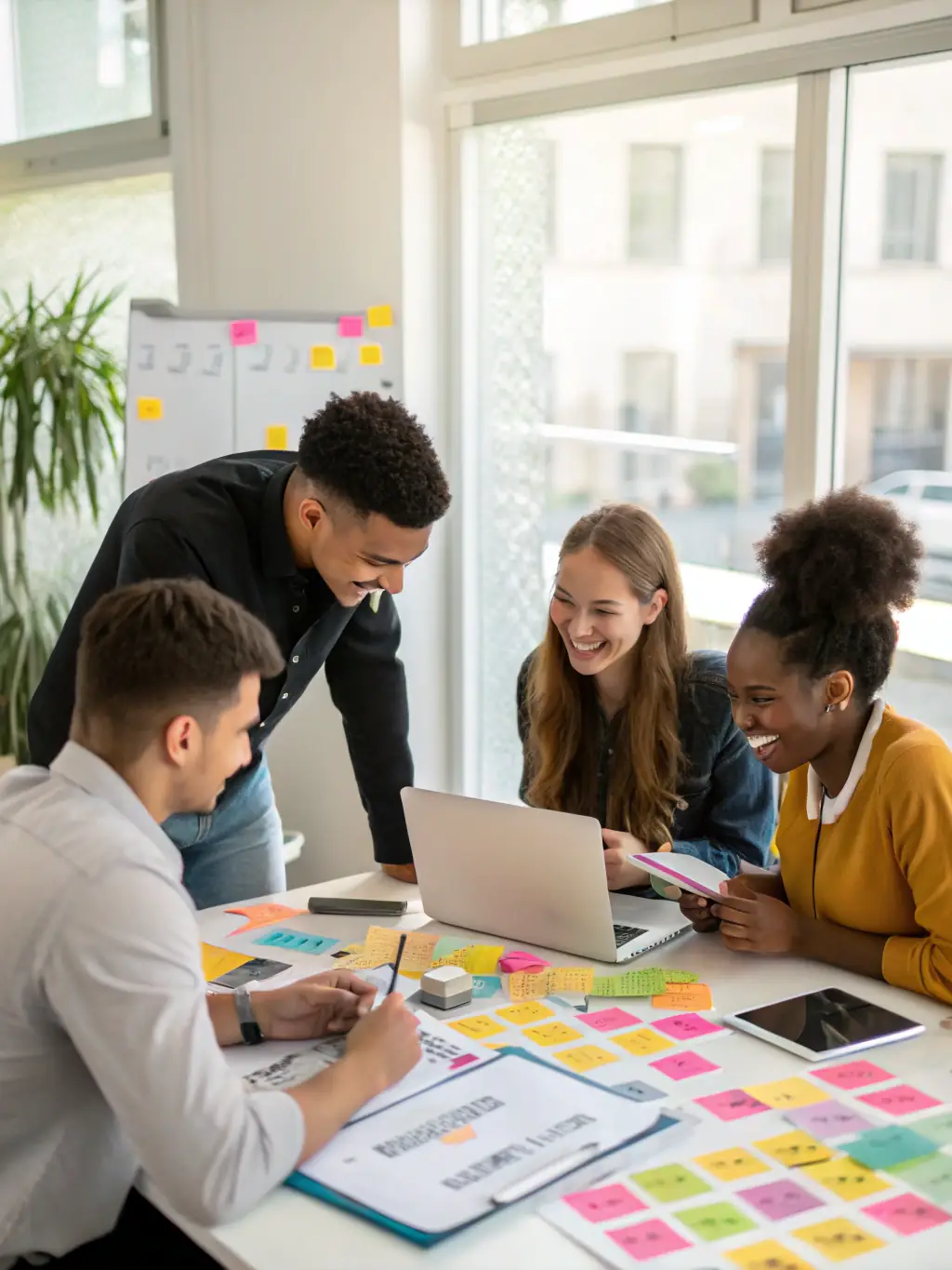 A diverse group of young adults participating in a leadership training program, collaborating on a project, representing the development of future community leaders.