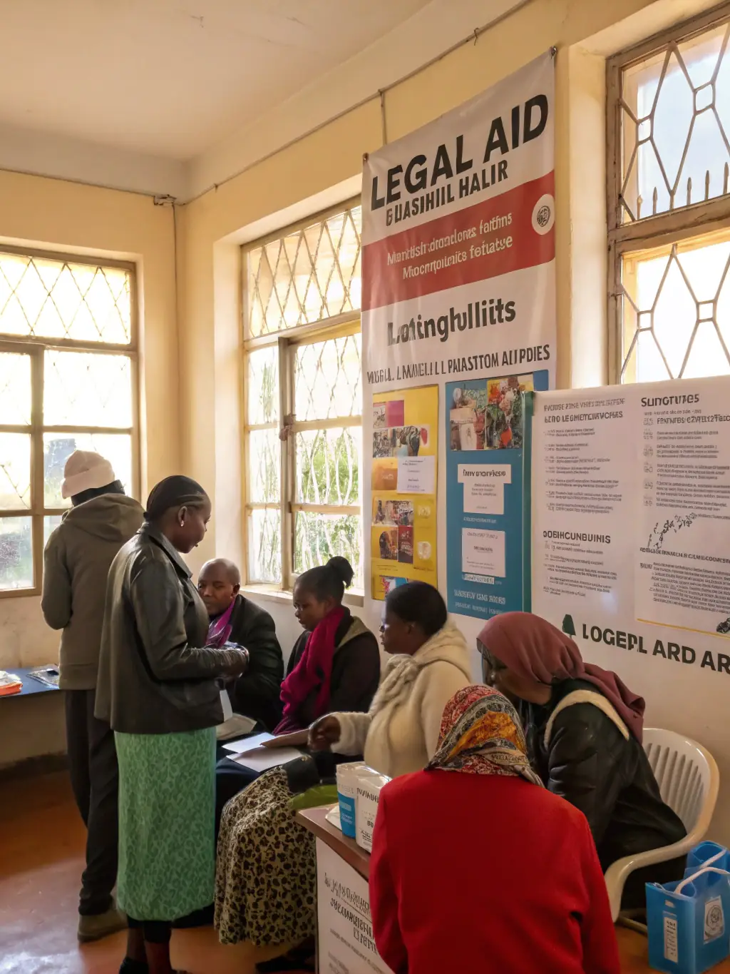 A legal aid clinic where individuals are receiving free legal advice and assistance, symbolizing access to justice and protection of rights.