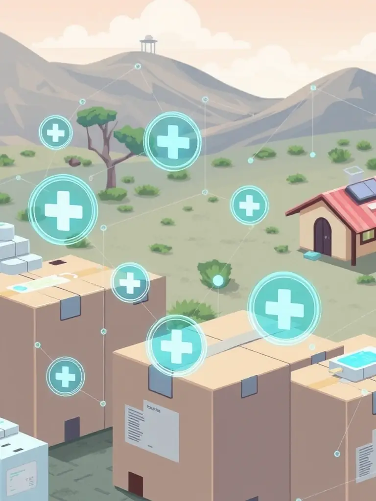 A visual representation of a supply chain, showing how HumanityHtY tokens are used to track and verify the delivery of medical supplies to a remote clinic.