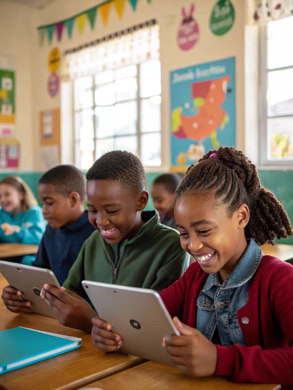 A photograph of a classroom in a developing country, with children learning and using tablets funded by HumanityHtY tokens, emphasizing the role of education.